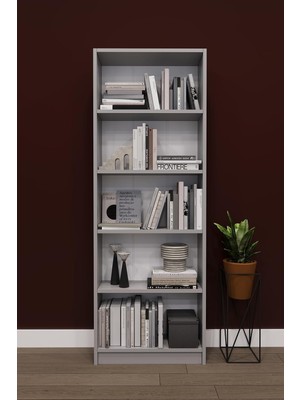 Gy Atelier Asra Trend Kül Gri K002 5 Raflı Kitaplık 56 cm Genişlik Dar Alan Uyumlu Modern KÜTÜPHANE%100 Mdflam Dekoratif Raf Ünitesi