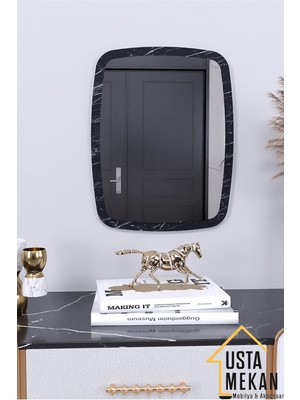 Gy Atelier Siyah Mermer Desen Dekoratif Yuvarlak Kenar Büyük Antre Hol Koridor Duvar Salon Wc Ofis Aynası 45 cm Renk 45 x 30