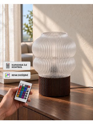 Gy Atelier Aura Dekoratif Masa Lambası – Çift Katlı, 16 Renk Rgb Kumandalı 9W LED Ampul Dahil, Kısılabilir Ambiyans Abajur, Yatak Odası Başucu Gece Lambası, Kahverengi Saydam