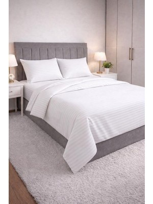 Odea Tr Wova Home Pearl Stripe Çift Kişilik Nevresim Takımı%90 Pamuk 83 Tel Saten Çizgili Lastikli Çarşaflı Beyaz Nevresim Takımı 200X220 cm