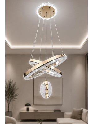 Odea Tr Kardelen Gold Modern Tasarım Sarkıt LED Avize 3 Renk Işık Kristal Görünüm Oturma Odası Yemek Odası Salon Yatak Odası