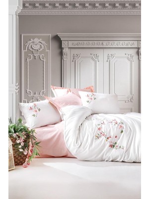 Odea Tr 1183693043052 3D Nakışlı Çift Kişilik Saten Nevresim Takımı Luna PUDRA,200 x 220 Pudra