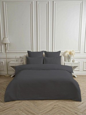 Odea Tr Line Antrasit Pamuk Saten Çift Kişilik Nevresim Takımı, 200 x 220 Cm, 4 Parça Set, Lastiksiz Çarşaflı