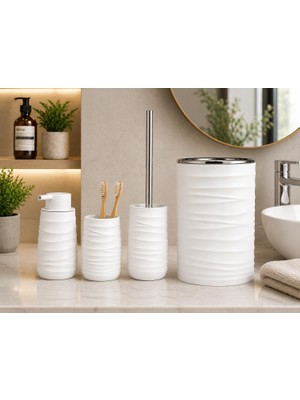 Odea Tr Akrilik Banyo Seti 5 Parça, Çöp Kovası, Tuvalet Fırçası, Sıvı Sabunluk, Diş Fırçalık ve Bardak, Modern Tasarım, Dekoratif Banyo Aksesuar Seti, Beyaz Dalgalı