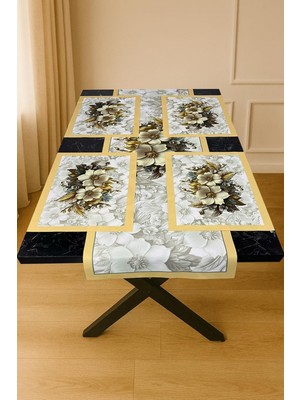 Odea Tr Magnolia Gold – 3D Çiçek Desenli Masa Runner & 4'lü Supla Takımı