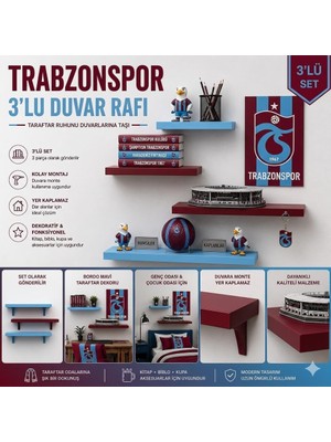 Tr Takım Renkleri Dekoratif Duvar Rafı | Taraftar Konsept Modern Raf (Bordo-Mavi)
