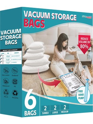 Odea Tr 6'li Paket Vakum Saklama Torbaları, Giysiler, Yorganlar, Battaniyeler Için Vakumlu Mühür Torbaları, El Pompalı Yer Tasarruflu Sıkıştırma Torbaları. (2×jumbo, 2×large, 2×orta)