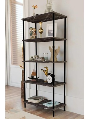 Odea Tr 5 Raflı Modern Metal Gövdeli Kitaplık Çevir-Tak Kolay Kurulum Çalışma Odası, Salon, Ofis Kullanımı Siyah Mermer