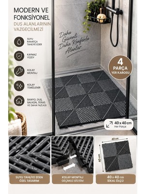 Odea Tr 0775 Antrasit Geçmeli Plastik Yer Karosu 4'lü Set – Kaymaz Izgaralı Balkon, Banyo & Teras Zemin Karo (40X40 Cm)
