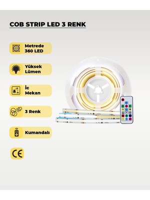 Odea Tr 12V Cob Şerit LED 3 Renk Işık -Kumandalı- Metrede 360 LED - 5 Metre