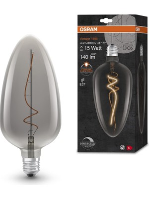 Odea Tr Lamps Vintage 1906 LED Lamba Duman Tonu, 4 W, 140 Lm, Hafif Yumurta Şekilli Tasarım 125 mm Çap ve E27 Duy, Sıcak Beyaz Işık Rengi, Kısılabilir Filament, 15.000 Saate Kadar Kullanım Ömrü