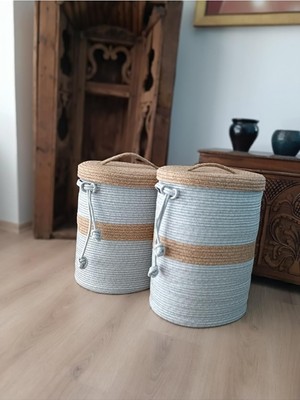 Odea Tr Oval Hasır Dokuma Kapaklı Sepet – Gri & Bej Gri - Bej 25 x 35