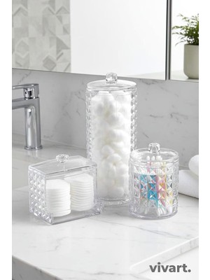 Odea Tr 3'lü Diamond Seri Kapaklı Banyo Organizer, Makyaj Pamuğu ve Kulak Çubuğu Saklama Kabı Beyaz Tek Ebat