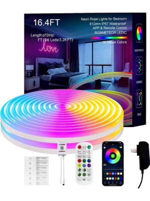 Odea Tr Neon Halat Işıkları, 16,4 Ft Ic+Rgb LED Şerit Işıklar, Uygulama + Uzaktan Kumanda, Su Geçirmez IP67, Müzik Senkronizasyonu, Renk Değişimi, Esnek Neon Işık