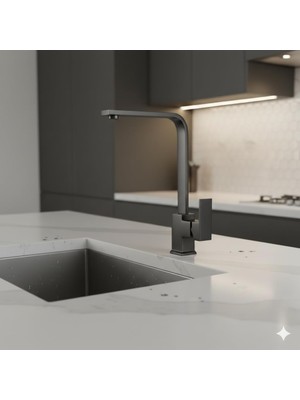 Odea Tr Premium Pirinç Mutfak Bataryası - Ağır Hizmet Tipi Lüks Eviye Musluğu - Modern Kare Tasarım - [renk Seçeneği: Altın/antrasit Gri] (Antrasit Gri)