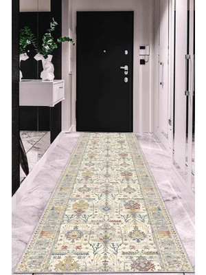 Tr Makinede Yıkanabilen Kaymaz Tabanlı Vintage Kesme Rulo Yolluk AR659, Krem, 80 x 560