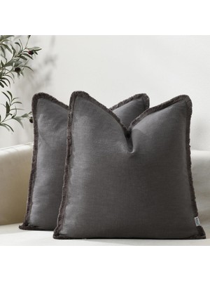 Odea Tr 2'li Set Dekoratif Keten Kırlent Kılıfı Boho Çiftlik Evi Yastık Kılıfı Saçak Vurgulu Yastık Kılıfı Kanepe Yatak Oturma Odası Ev Dekoru Için (Koyu Gri, 45,72 cm x 45,72 cm (2'li Paket)