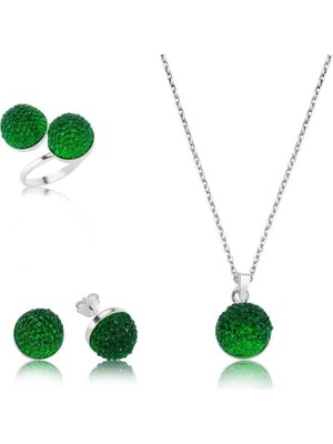 Tr Gümüş Yeşil Kristal Bayan Set