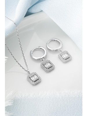 Tr 925 Ayar Gümüş Baget Kolye Küpe Set, Zirkon Taşlı, Kadın, Gümüş Rengi