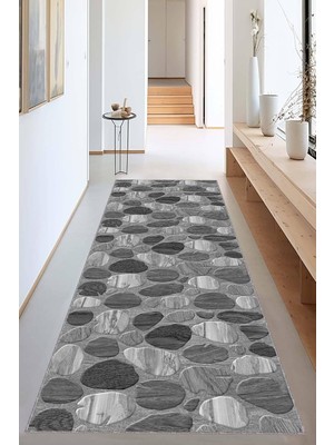 Odea Tr Gri 3D Taş Özel Ölçülü Kaymaz Tabanlı Rulo Yolluk Hol Antre Mutfak Halısı VH122, Gri, 40 x 60