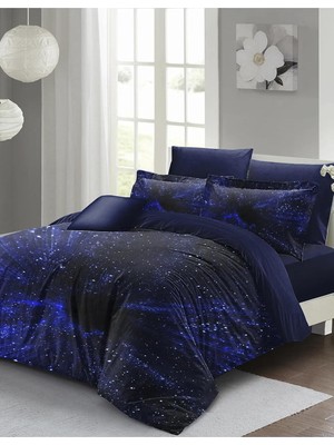 Odea Tr Çift Kişilik Nevresim TAKIMI%100 Pamuk Saten Blue Night Lastikli Çarşaf, MONOHOME34986