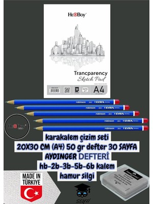 Odea Tr Kara Kalem Çizim Seti 20X30 cm A4 50 gr Defter 30 Sayfa Aydınger Hb-2b-3b-5b-6b Kalemi Herboy