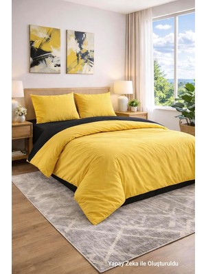 Odea Tr Tek Kişilik Battal Boy,çift Kişilik Nevresim Takımı (Lastikli Çarşaf+Yastık Kılıfı+Yorgan Kılıfı) Çift Yönlü Pamuk-Polyester 90X190 100X200 120X200 160X200 180X200 200X200 (Sarı-Siyah, 100X200)