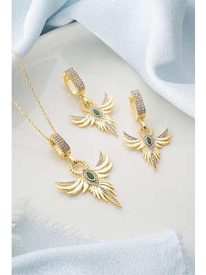 Tr 925 Ayar Gümüş Zümrüdüanka Kolye Küpe Seti, Kadın, Gold