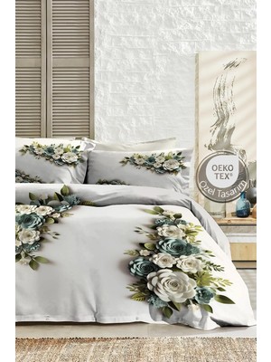 Odea Tr %100 Pamuk Ranforce Çift Kişilik Nevresim Takımı Buket - Yeşil Beyaz, MONOHOME82396