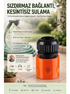 Odea Tr 1/2 Inç Otomatik Hortum Bağlantı Aparatı Hızlı Tak Çıkar Stopsuz Bahçe Sulama Rekoru Konektör Adaptör 721538