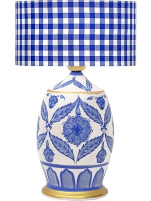 Odea Tr Handmade Ceramic Botanical Özel Tasarım Abajur - Mavi Beyaz Ekose Desenli VNRCERBOA053
