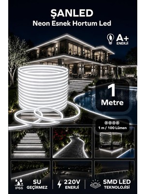 Odea Tr Neon Esnek Hortum Şerit LED Beyaz,gün Işığı,kırmızı, Yeşil,mavi,amber Rengi + 220V FIŞ/1,2,3,4,5,10,15,20,25,50,100 Metre (Beyaz Işık, 1 M)
