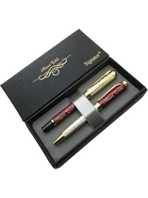 Odea Tr ST227 Bordo Altın Desenli Kalem Seti, Roller Kalem + Tükenmez Kalem