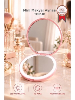 Odea Tr Torima LED Işıklı Type-C Şarjlı Makyaj Aynası Çift Taraflı Hd Mini Ayna TMR01 Pembe