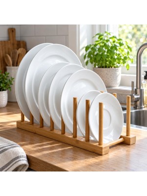 Odea Tr 6 Bölmeli Bambu Tabaklık, 30 x 12 cm Tezgâh Üstü ve Dolap Içi Tabak Düzenleyici, Kesme Tahtası, Servis Tabağı, Tepsi ve Tencere Kapağı Organizeri