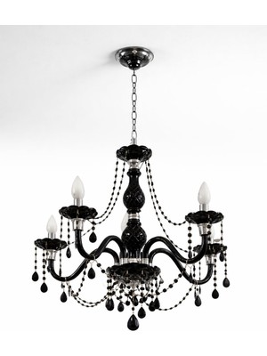 Odea Tr Kristal Cam Siyah Avize, 60CM, 5 Kollu Modern Sarkıt Tasarım, Dekoratif Taşlı, E14 Duy, Salon Aydınlatma