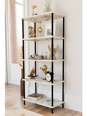 Odea Tr 5 Raflı Modern Metal Gövdeli Kitaplık Çevir-Tak Kolay Kurulum Çalışma Odası, Salon, Ofis Kullanımı Beyaz Mermer