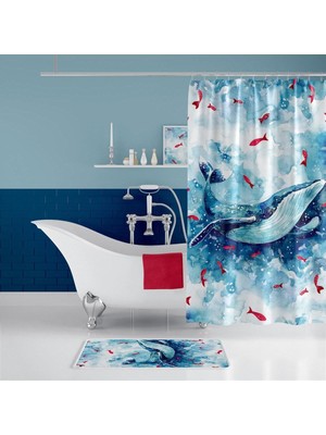 Odea Tr Banyo Paspas ve Tek Kanat Duş Perdesi 1X180X200 Set Banyo Halısı Whale