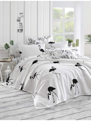 Odea Tr Flamingo Kuşları Temalı %100 Pamuk Yatak Örtüsü (Pike) Set, Tam/çift Kişilik, Siyah Beyaz, (4 Parça)
