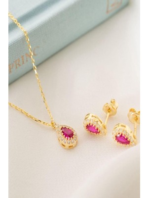Odea Tr 925 Ayar Gümüş Temmuz Ayı Doğum Taşı Ruby Kolye Küpe Seti, Kadın, Gold