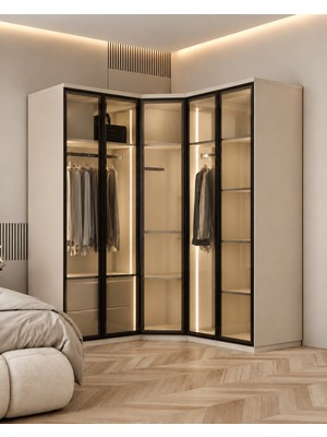 Sadora Kum Beji Mdf Gardırop Elbise Dolabı Mdf Cam Kapaklı 240X218X57
