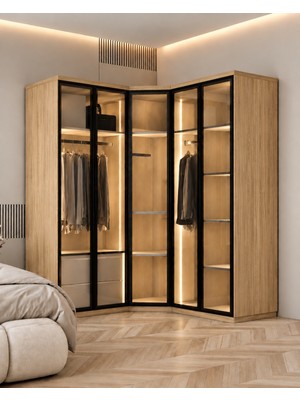 Royal Köşe 5'li Kum Beji Mdf Gardırop Elbise Dolabı Cam Kapaklı 162X162 X214X40