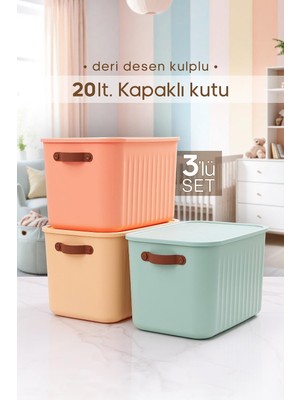 Odea Tr 3 Adet Kulplu Karışık Renk Dolap Düzenleyici 20 Lt Kapaklı Saklama Kutusu Sepet Oyuncak Kutusu Organizer
