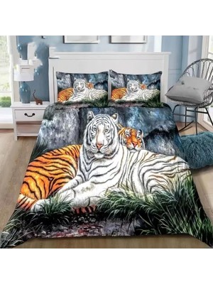 Odea Tr Nevresim Takımı 200 x 220 Beyaz Kaplan Nevresim Takımı, Fermuarlı, Kilitli, Yetişkinler ve Çocuklar Için, Yumuşak, Nefes Alan Mikro Elyaf Nevresim + 2 Yastık Kılıfı 80 x 80 cm