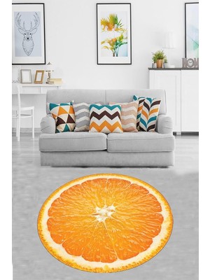 Odea Tr Theclouds Turuncu Portakal Desenli Meyveli Dijital Baskı Yıkanabilir Kaymaz Taban Yuvarlak Salon Halısı, 60 x 60