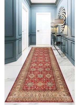 Odea Tr Pelangi Osmanlı Motifler Desenli Etnik Dijital Baskı Yıkanabilir Kaymaz Taban Salon Halı ve Yolluk, Kiremit 100 x 500, 95545301005007