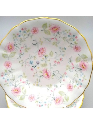 Odea Tr Porselen Çiçek Desenli Antika Kase, Altın Yaldızlı Kenarlı, Beyaz, Dalga Kenarlı, 6'li Set