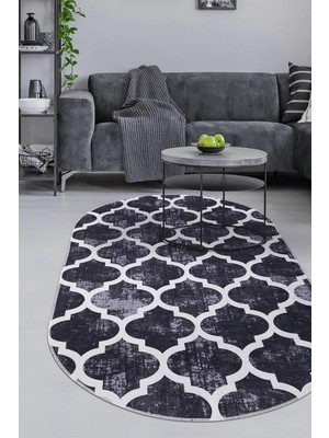 Odea Tr Halı Siyah Maça Yıkanabilir Saçaksız Oval Kesme Ince Yolluk Kilim Salon Halısı Modelleri, Siyah, 40X60