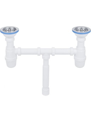 Odea Tr Çöpmak Çift Gözlü Evye Sifonu, Beyaz, 11 cm Çapında, 5 cm Çıkış, Temizlenebilir Hazneli, Koku Yapmayan, Taşlı Paslanmaz Çelik Süzgeçli, Körüklü Model