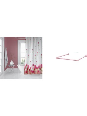 Odea Tr Banyo Perdesi 7017 1X180X200, Perde Borusu Askı Aparatı Köşe Boru Pembe Hediyeli, Duş Perdesi Seti